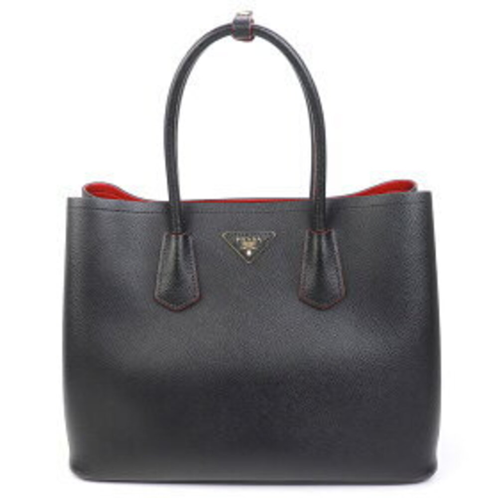 Prada Tote Shoulder Logo Saffiano Bag Black Red Triangle Leather Double Shopping
